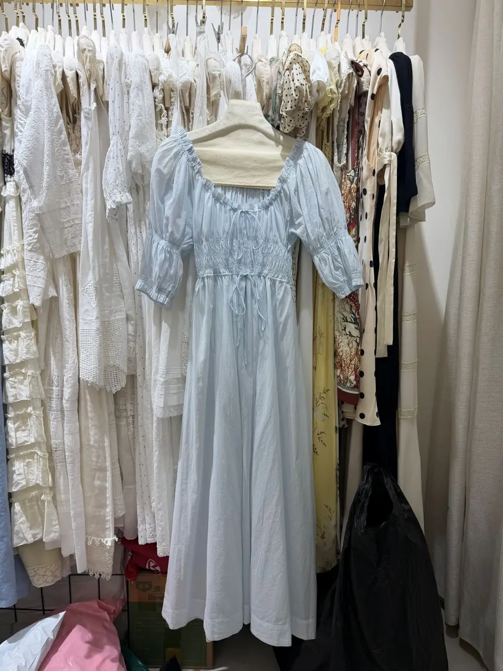 Pure Cotton Women Blue Long Dress 2026 New Ruffles Spliced Round Neck Puff Sleeve Elastic Waist Casual Loose Robe