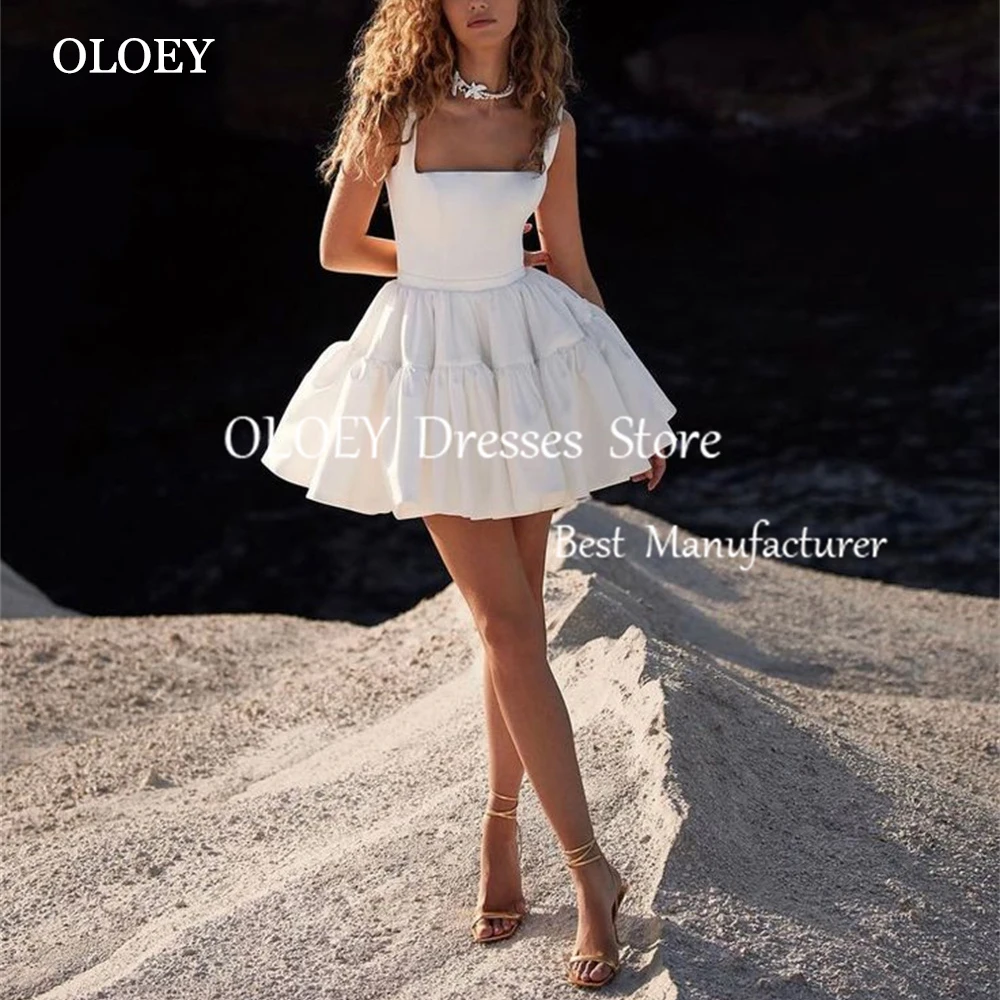 

OLOEY Puffy Ivory A Line Mini Prom Cocktail Dress Pleats Satin Short Wedding Party Dress Sleeveless Customized Prom Gown