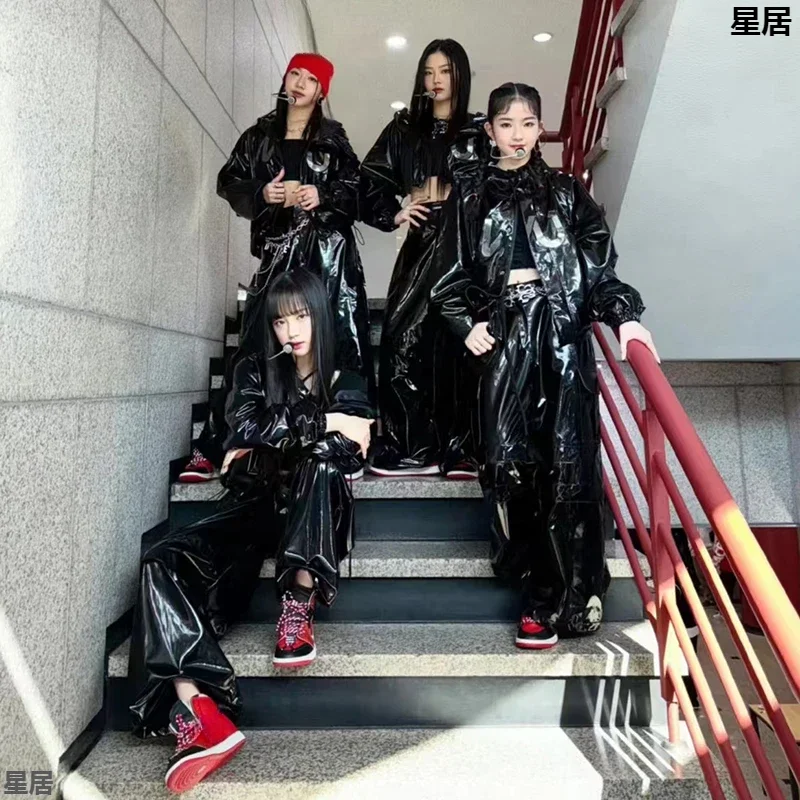 New Women Group Jazz Dance Outfits Black Shiny Leather Coats Leather High Waist Wide Leg Pants Street Dance Performance Clothing