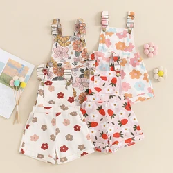 Kids Girls Overalls Strawberry/Flower Print Denim Sleeveless Straps Buttons Pockets Clothes Summer Romper Jumpsuits