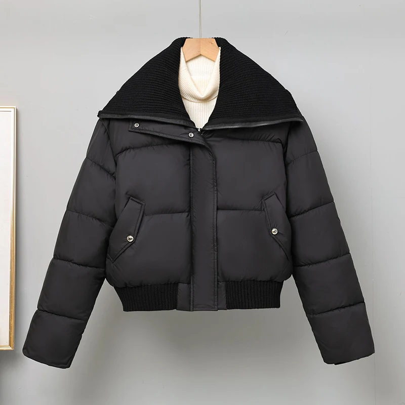 Fashion Knitted Splicing Lapel Collar Winter Coat 2025 Women's New Solid Color Thicken Short Parkas Jacket Lady Cotton Outerwear