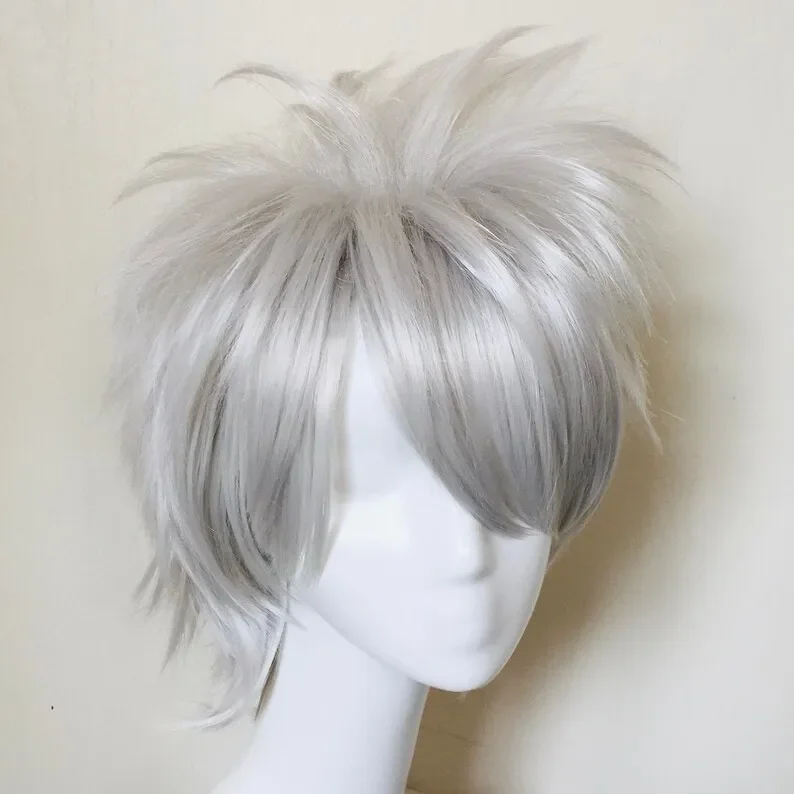 Parrucca Cosplay Anime bianca da uomo argento bianco corto Unisex parrucca taglio lupo commissione Spiky Costume rimbalzante parrucca Emo