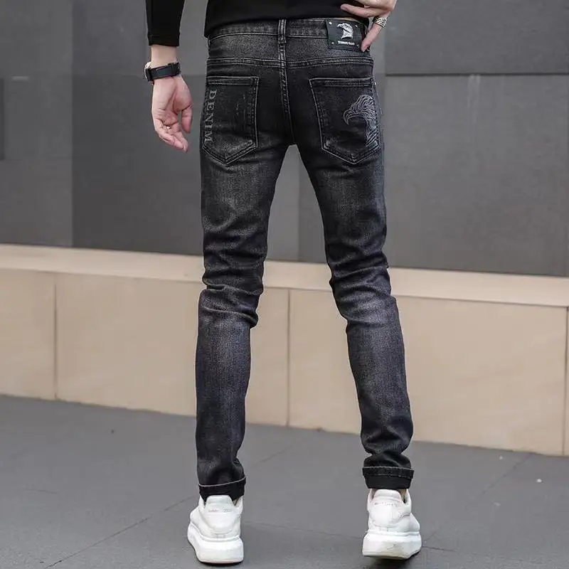 Roupas masculinas primavera e outono marca de moda de alta qualidade personalizado impresso casual magro-ajuste jeans estiramento