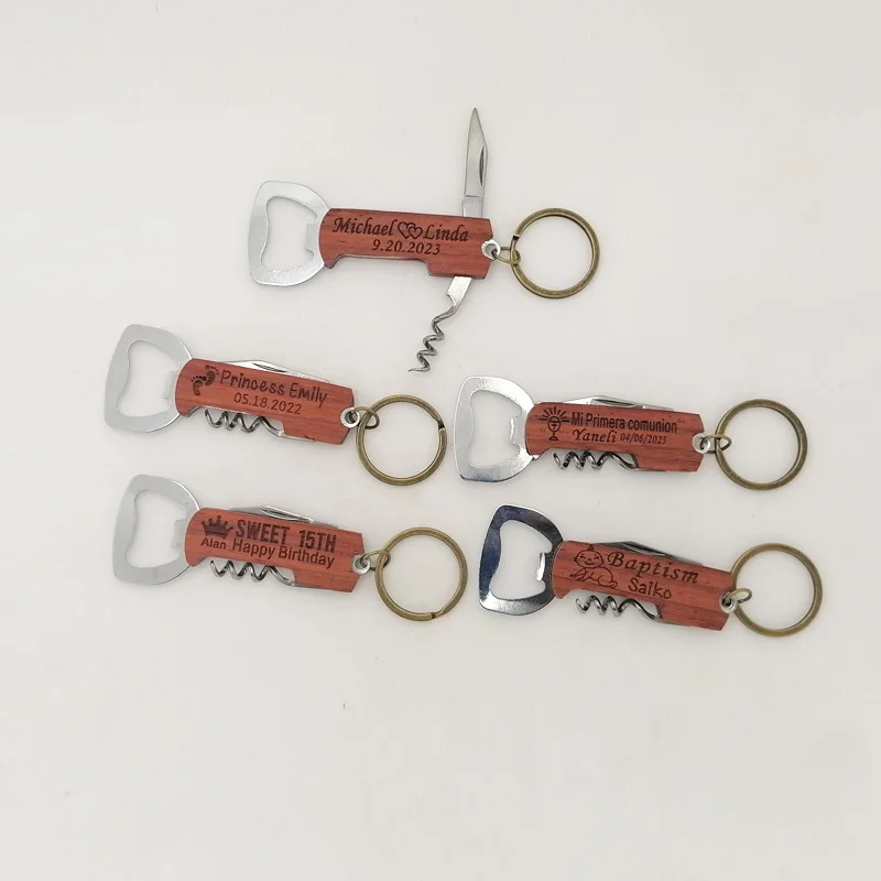 

Multi-Functional Portable Beer and Wine Bottle Opener with Keychain, Metal, Wood Wine Corkscrew, Wedding Gift, 10 Pcs