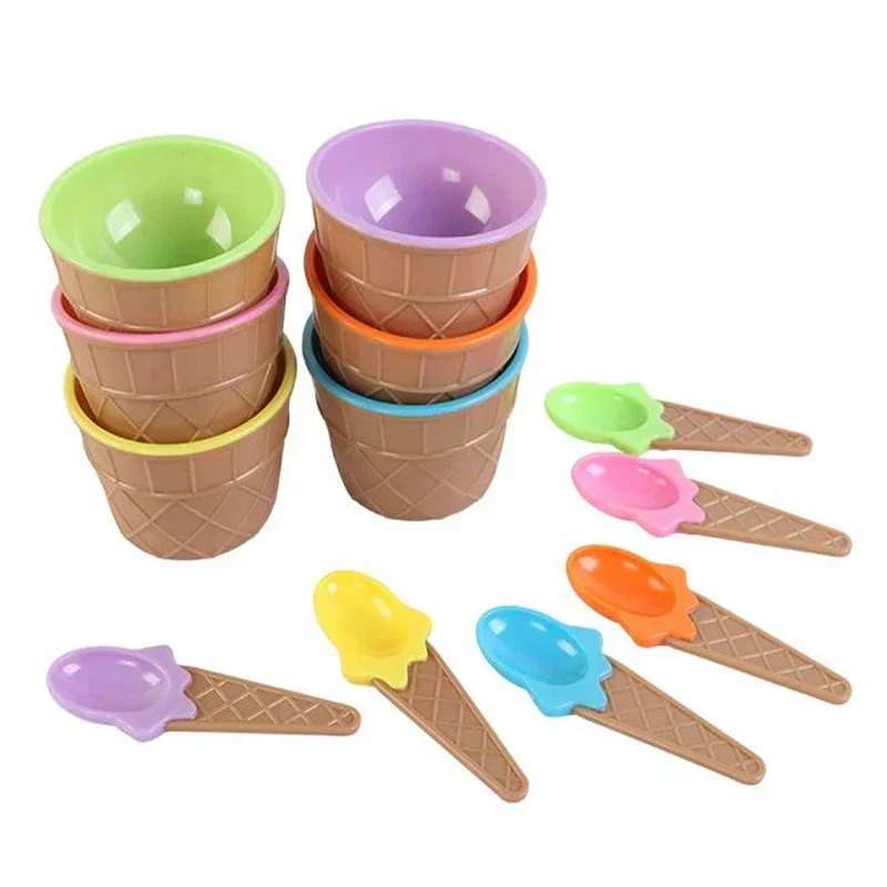 6Pcs Children Colored Ice Cream Bowl + Cone Spoon Plastic Bowl Children's Party Tart Style Dessert Small Bowl Kitchen Accessorie