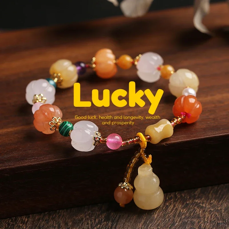 

Natural Gold Wire Jade Pumpkin Beads Bracelet Vintage National Style Gourd Pendant Wealth Lucky Religion Bracelets Charm Jewelry