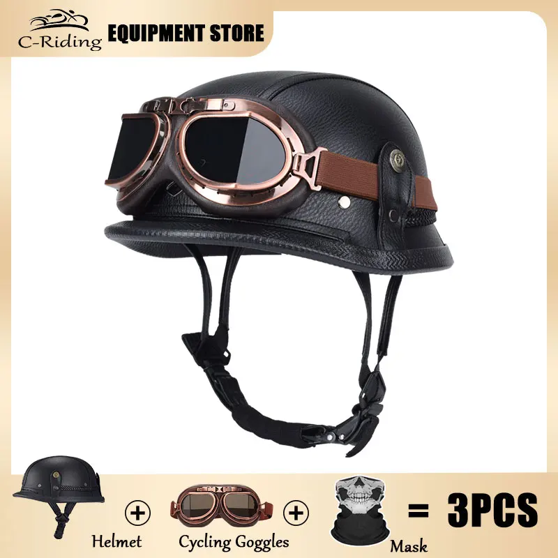 

Professional Removable Liner German Helmet leather DOT Standard PU leather Vehicle helmet Half Helmet casque de moto vintage