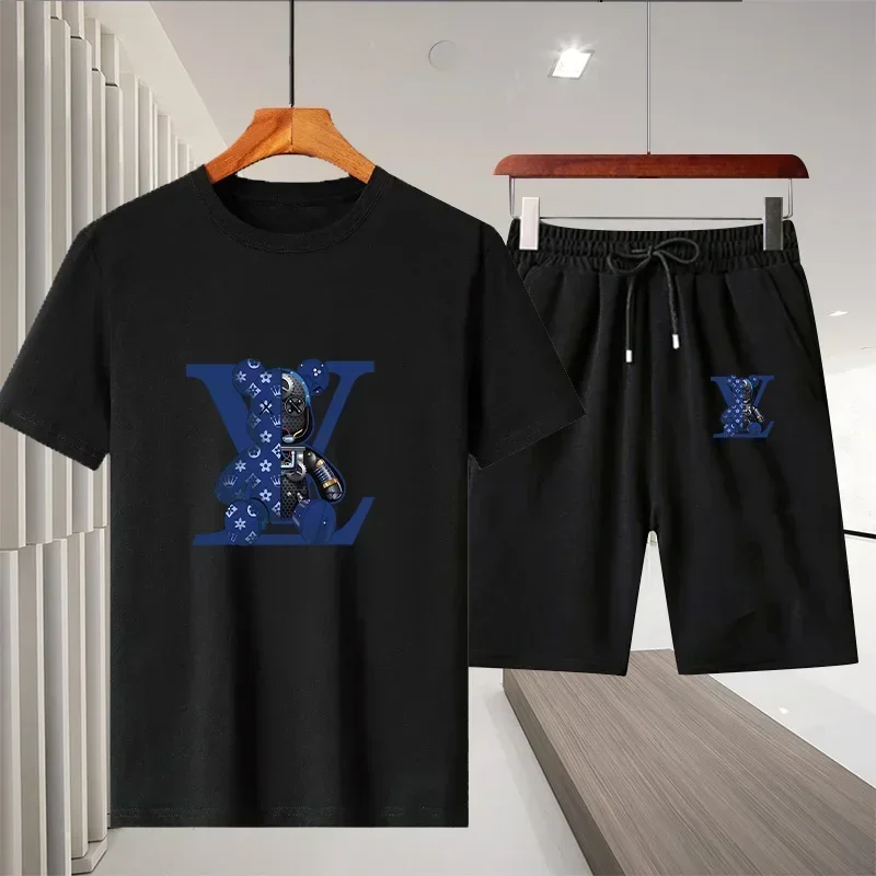 Men's cotton breathable T-shirt and shorts set, 2-piece, men's and women's fashionable short-sleeved knitwear, sports outfit - view 5