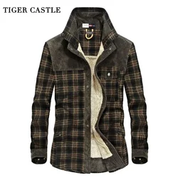 TIGER CASTLE Mens Military Fleece Winter Shirt 100% Cotton Warm Male Plaid Long Sleeve Shirt Army Men's Dress Shirts Blouses