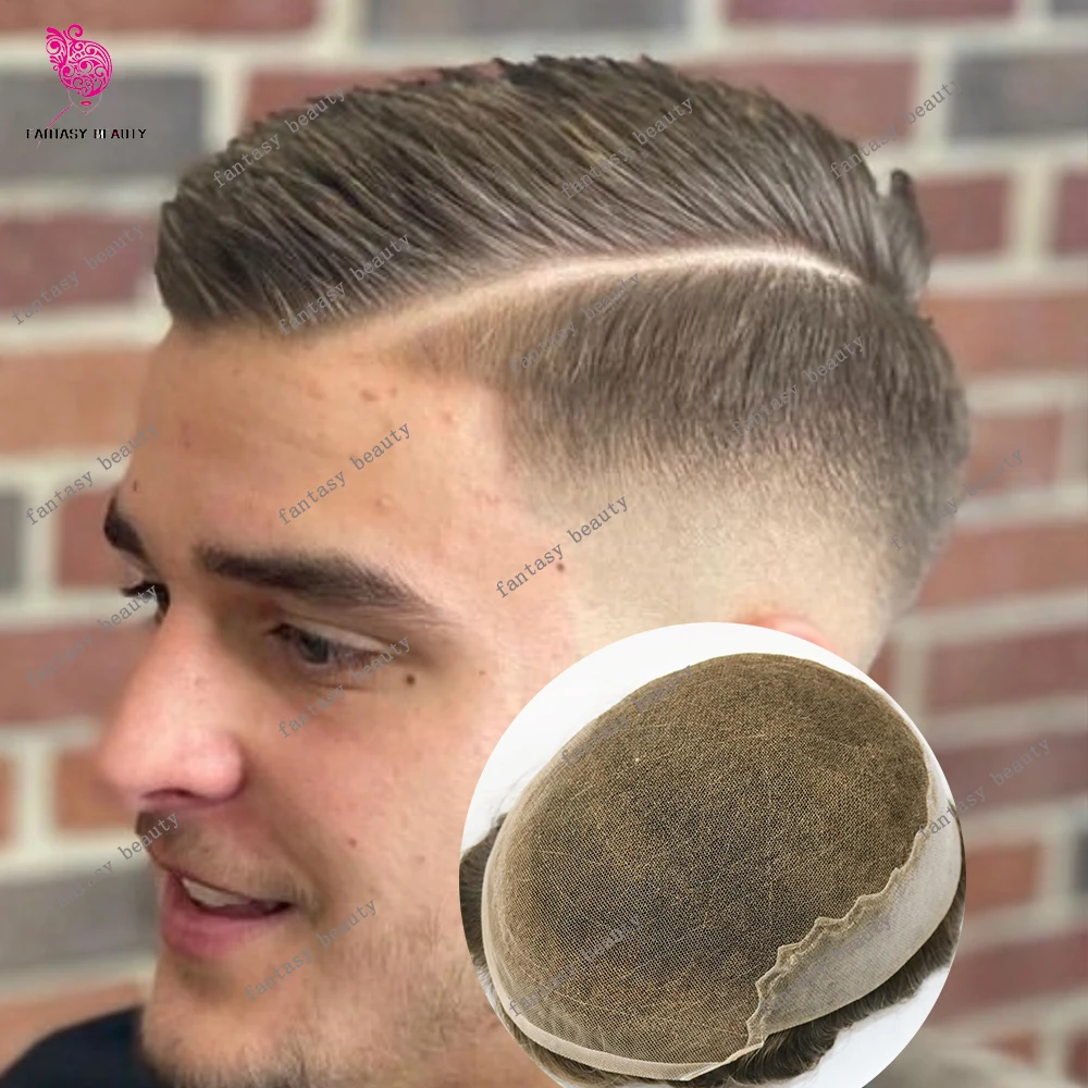 

Breathable Undetected #18 Blonde Q6 French Lace Front&Skin PU Bleached Knots Capillary Prosthesis Gray Human Hair for Men Toupee