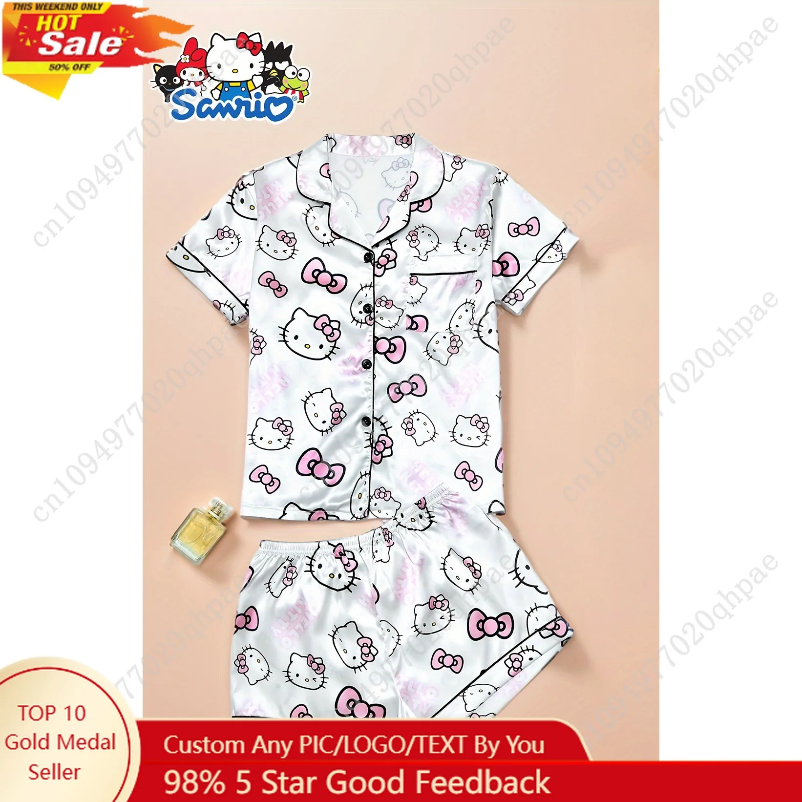 Sanrio HELLO KITTY Printed Pajamas Two Piece Set 1pc Top 1 Shorts Lapel Buttoned Cardigan Home Suit Soft Pj Set