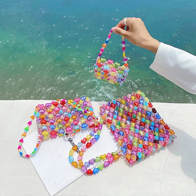 Jelly Color Love Beaded Bag DIY Hand Woven Bead Bag Female Summer Heart-shaped Armpit Bag  Luxury Designer Purses and Handbags