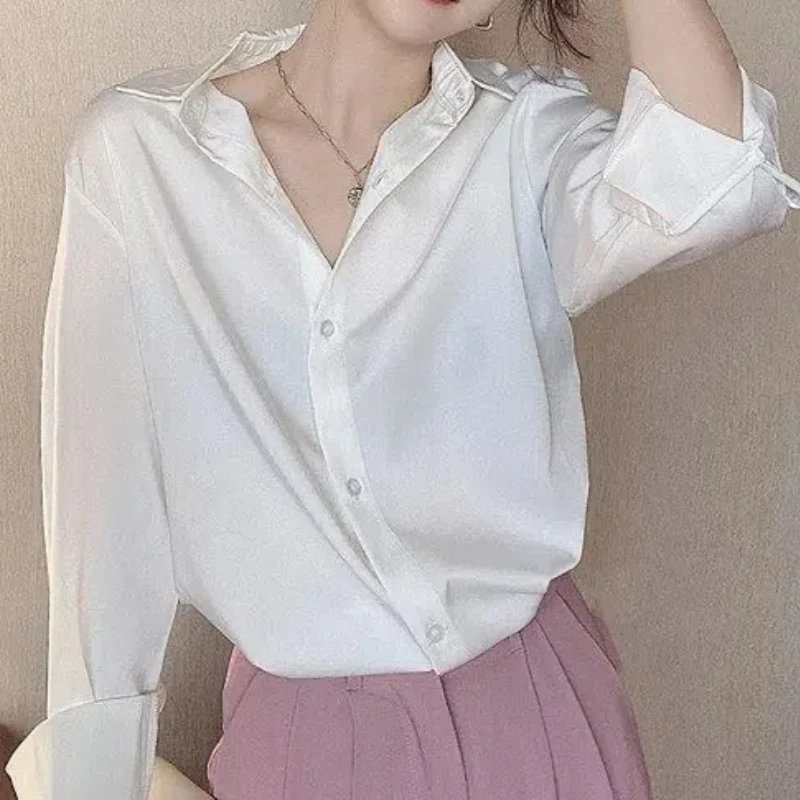 2024 Summer Women\'s Casual Fashion Elegant Commuting Solid Color Button Satin Simulation Silk Port Flavor Long Sleeve Shirt