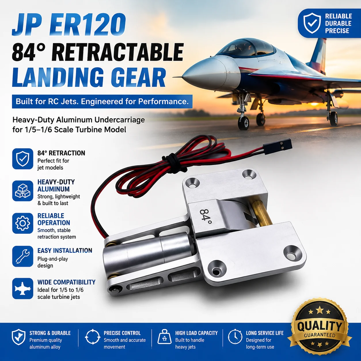 JP ER120 84° Retractable Landing Gear, Heavy-Duty Aluminum Undercarriage for RC Jet, 1/5-1/6 Scale Turbine Model