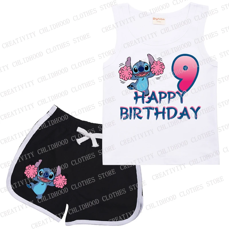 Children Stitch Sports Clothes Number 1-14 Suit Casual Sleeveless Disney Girl Boy Vest & shorts 2Pcs Sets Kids Summer Wear