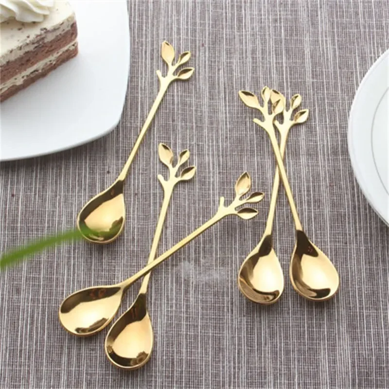 6PCS Creative Personality Stainless Steel Gold Spoons Tree Leaf Spoon Coffee Spoon Tea Spoon Home Restaurant Dessert Cutlery Set