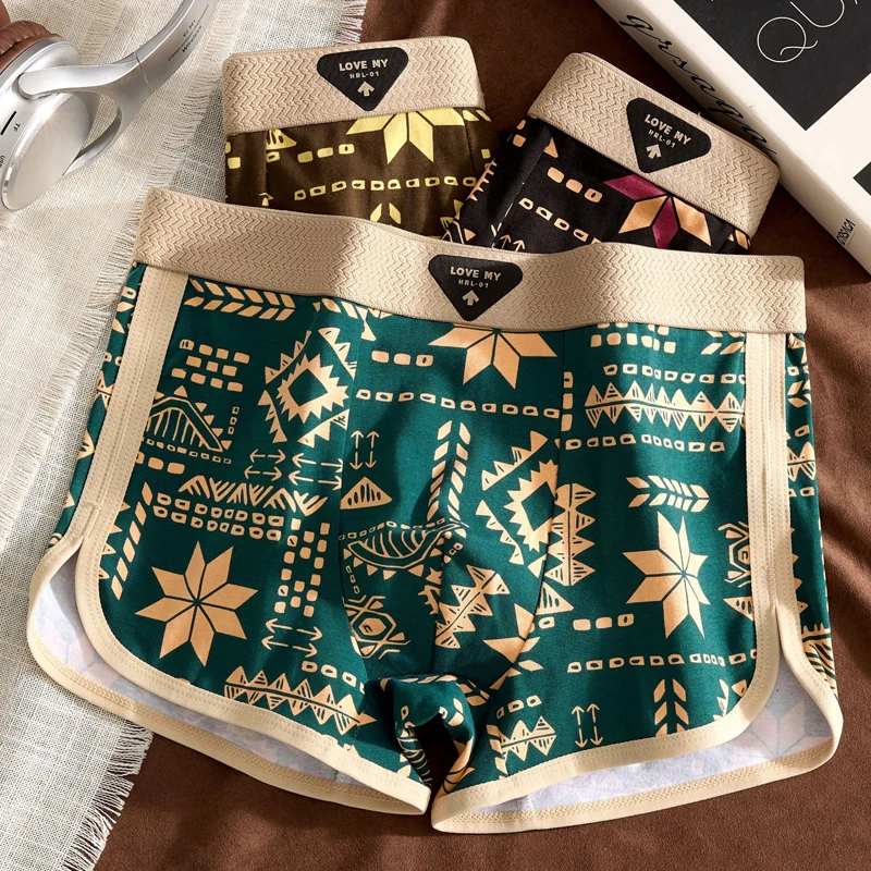 3-teilige Herren-Boxershorts im Retro-Bohemian-Stil, mittlere Taille, Unterwäsche, bequem, atmungsaktiv, weiche Boxershorts, asiatische Größe