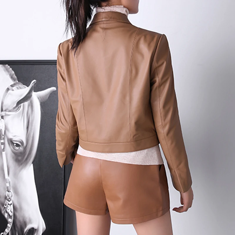 Women Clothes Winter Female Genuine Leather Coat Korean Fashion Casual Long Sleeve Metal Lock Buckle Versatile Pink Short Jacket