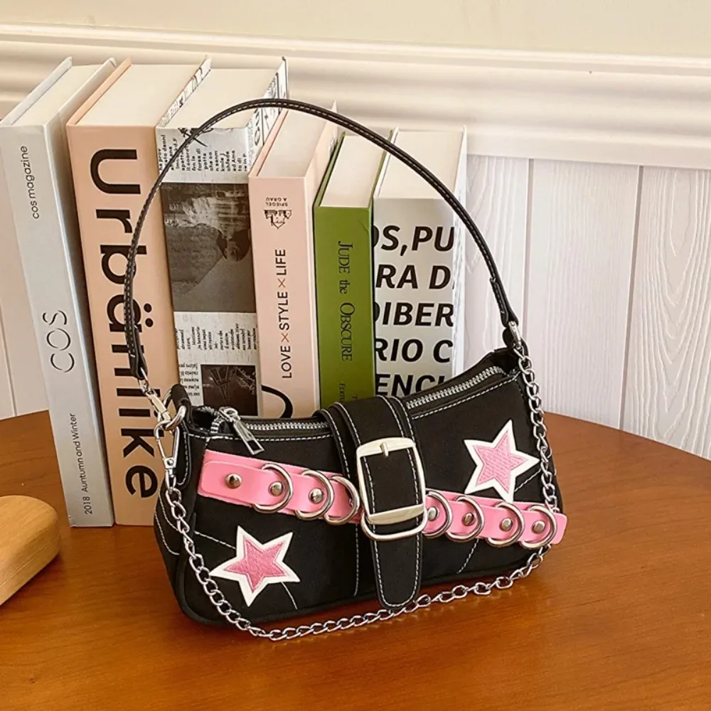 Y2k Fashion Women's Handbags Stars Pattern Cool Girls Underarm Bag Fashion Canvas Female Small Shoulder Bags Chain Tote Purses