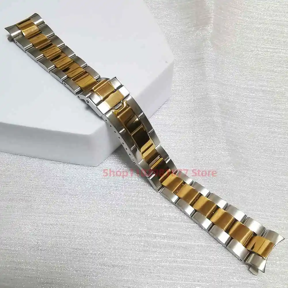 Middle Gold Vintage Stainless Steel 20mm Oyster Curved End Watch Strap Band Bracelet For RLX 16622 116613 14270 116620 16520