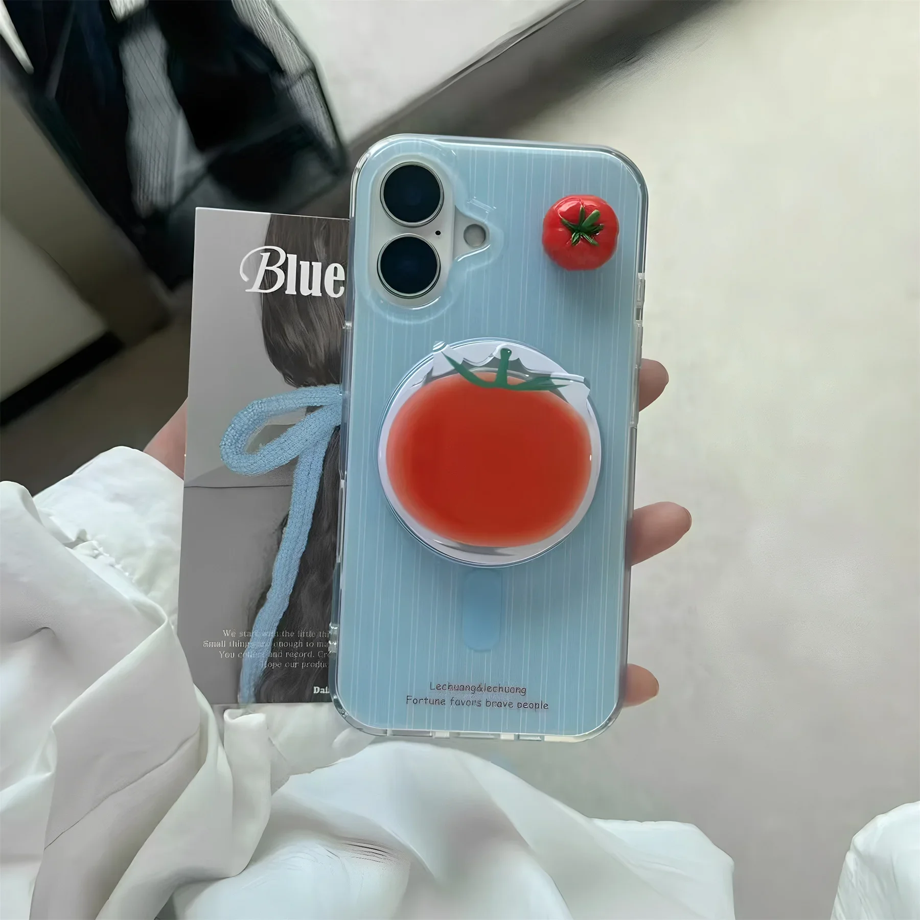 

Ins Korean Cute Blue Stripes 3D Mini Tomato Magnetic Holder Phone Case For iPhone 17 16 15 14 13 Pro Max Back Cover