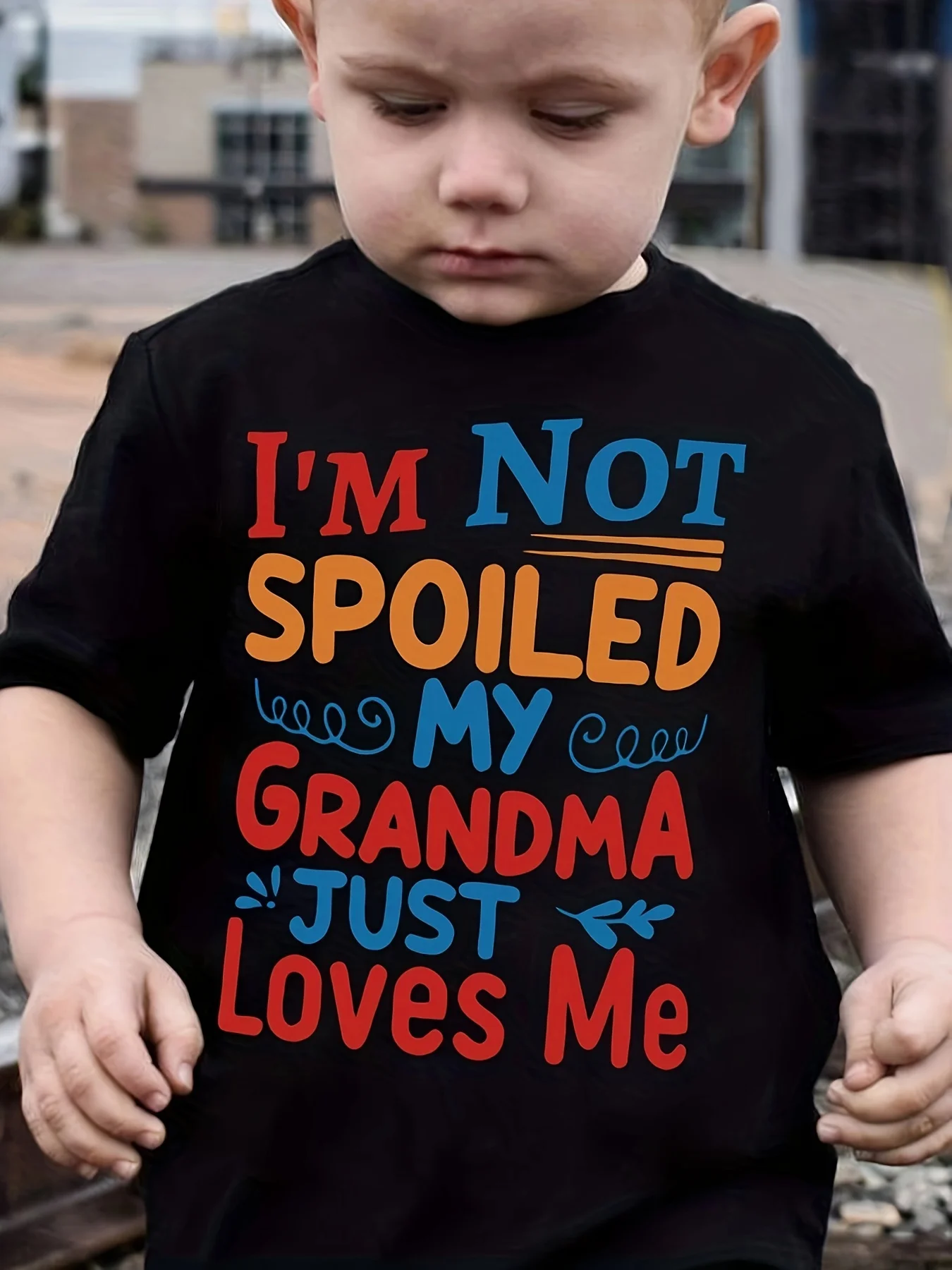 Boys Funny Quote Print T‑Shirt  I'M NOT SPOILED MY GRANDMA JUST LOVES ME Crew Neck Short‑Sleeve Comfort Casual Summer Kids Tee