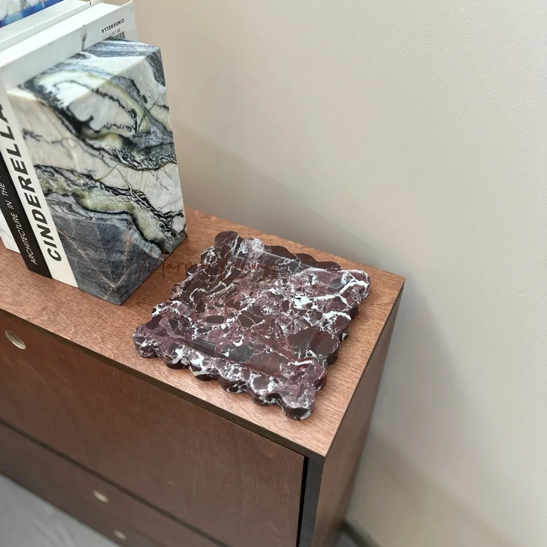 French Retro Rosso Marble Tray Korean Blogger Designer Ins Style Removable Travertine Stone Aromatherapy Plate