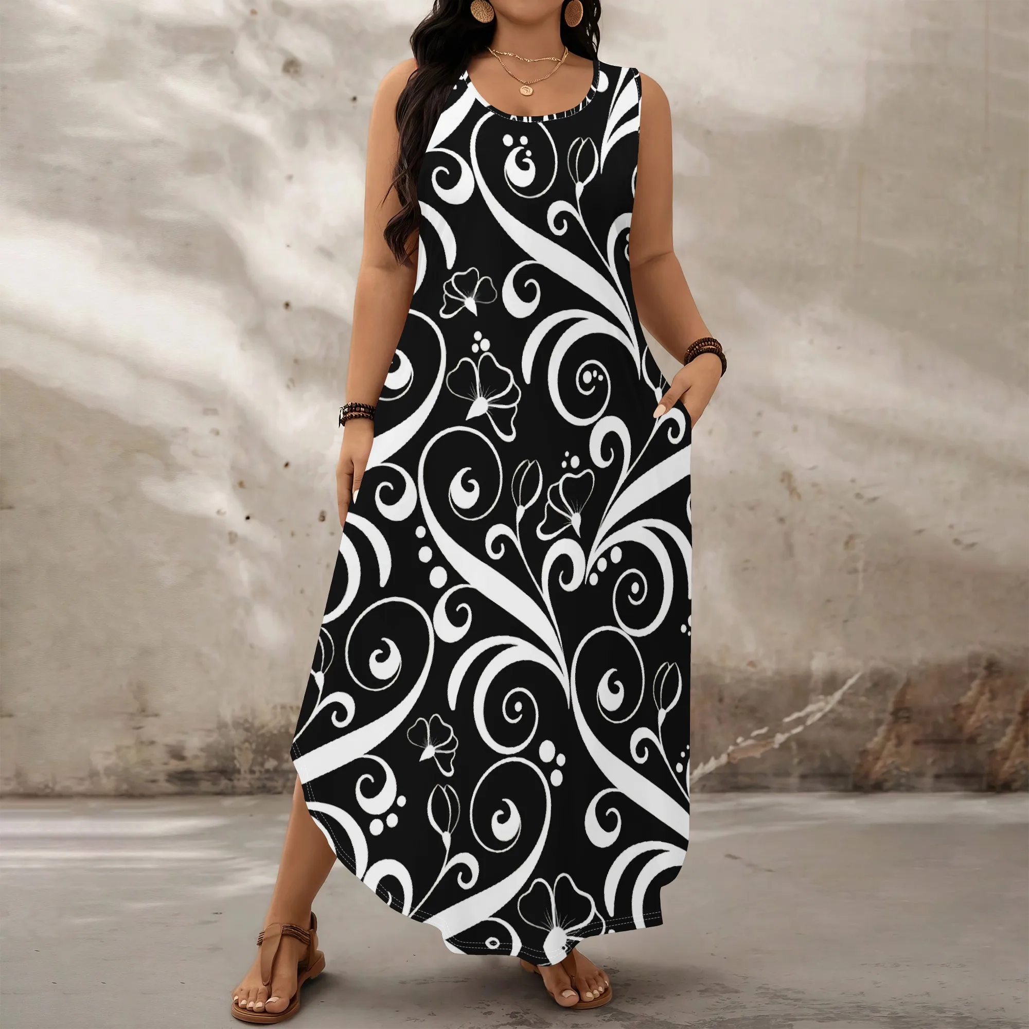 

Black White Floral Swirl Maxi Dress XL-6XL Sleeveless Loose Fit with Pockets for Summer Casual, Beach or Garden Party