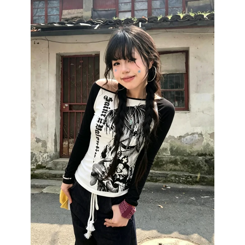 European and American cross border Ins Style Autumn Punk Anime Print Slash Neck Long Sleeve T Shirt Women Slim Casual Top