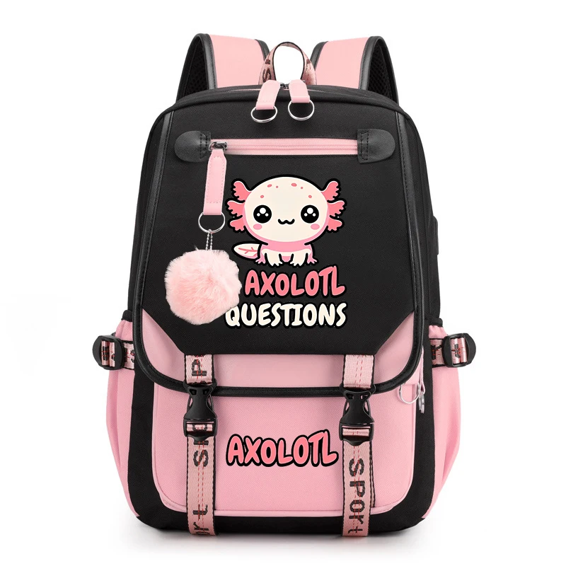 Mochila escolar con estampado Axolotl para niñas, bolsa de viaje con usb, regalo de regreso a la escuela