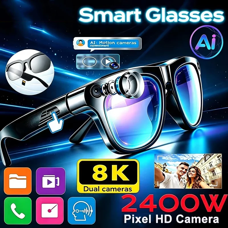8K Smart AI Glasses 2400MP Translation Bluetooth Conversation Recording Listening To Music Insert Cards Smart Sunglasses