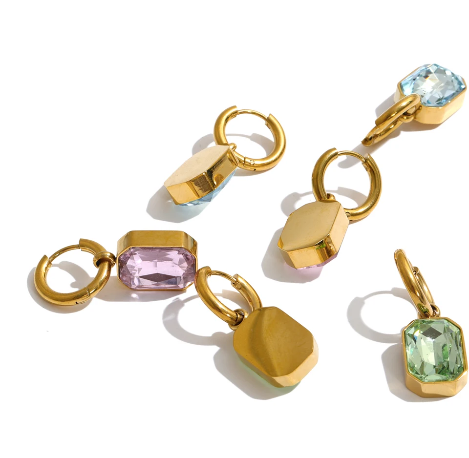 Yhpup Edelstahl-Creolen Grün Rosa Blau K9 Kristall Rechteckige Hängeohrringe Ästhetischer Goldener Damenschmuck – Detail 2