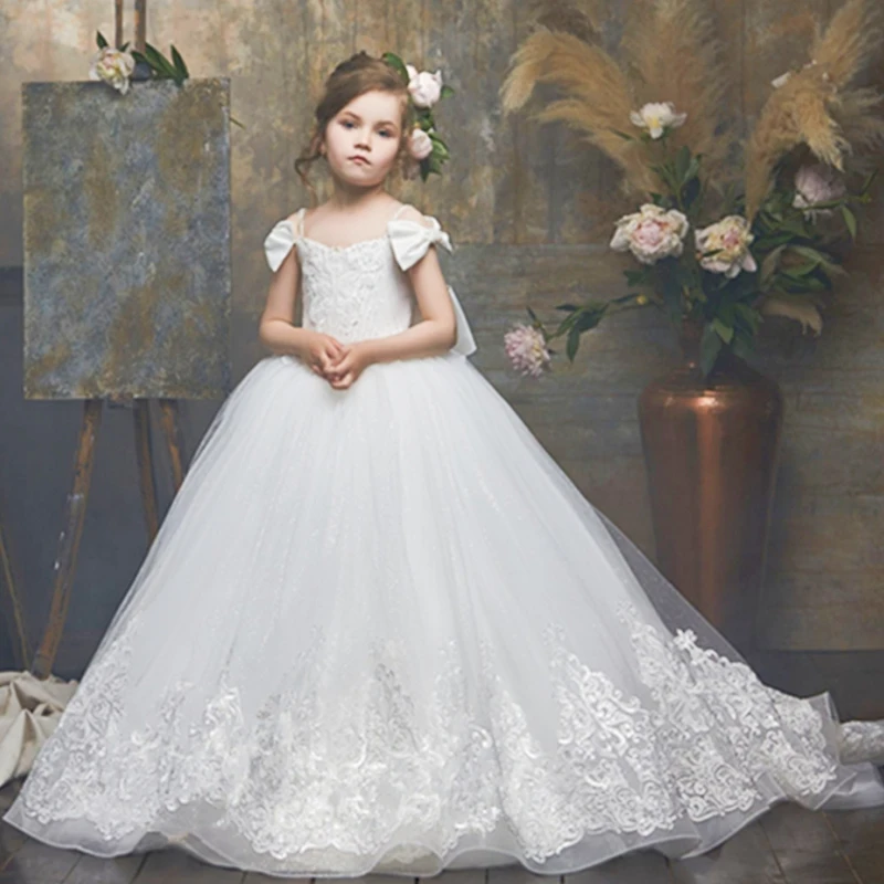 White Lace Flower Girl Princess Dresses Children First Communion Gown Bow Puffy Appliques Long Tulle Wedding Party Formal Dress