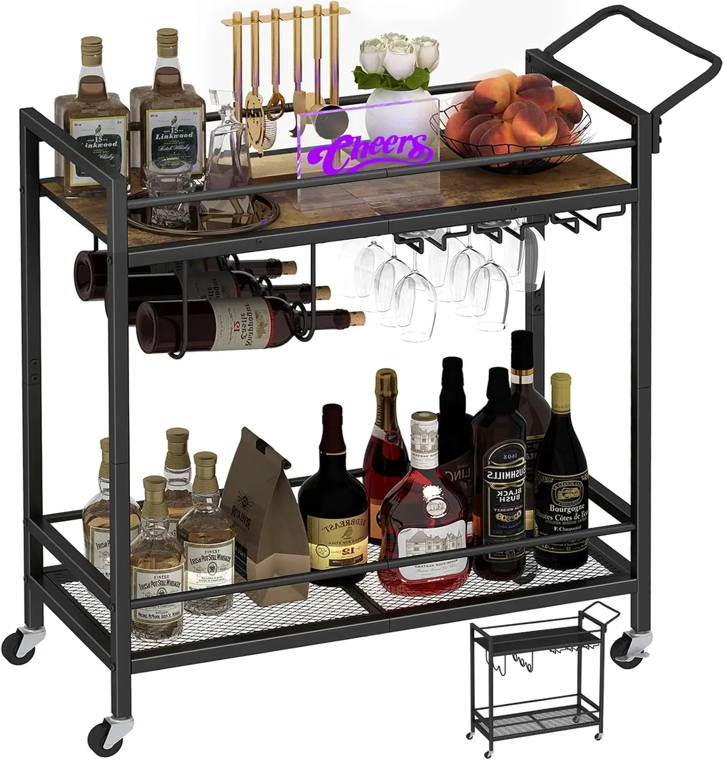 Home Bar Serving Cart,Mobile Drink Beverage Cart with Two-Color Top Shelf,Rolling Kitchen Cart with Wine Holder and Glass Holder