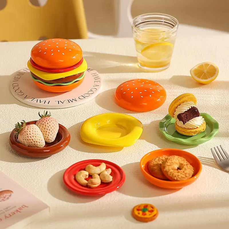 【M】Stackable Hamburger Plate Set 6 Layers Mini PP Dinner Plate Funny Sauce Containers Bone Spit Plate Table Decor