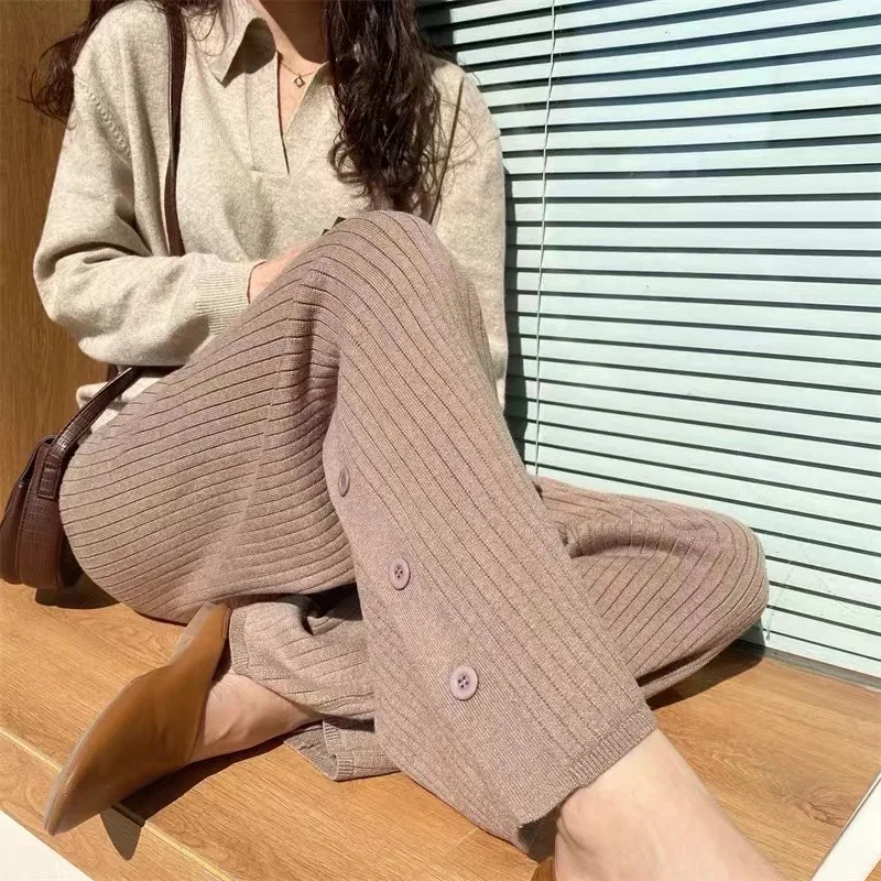 

Pants Women Slit Knit High Waist Full Length LOOSE Fall and Winter Style Korean Style Trousers Women