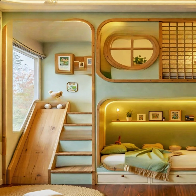 سرير أطفال من بيت شجرة الرياح، شقيق أطفال ذكر يلقي وخارج السرير مع سلم منزلق للتخزين من الخشب الصلب