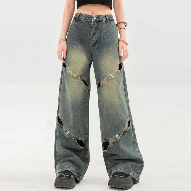 Calça jeans feminina vintage americana y2k, perna larga, cintura alta, reta, casual, baggy, grunge, estilo streetwear, calça jeans