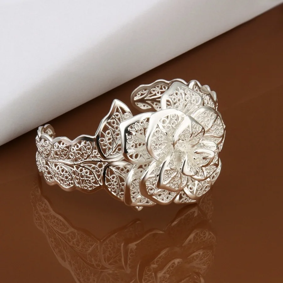 925 Sterling Silver jewelry bangle Hot engagement  exquisite retro charm hollow big women lady flowers openings bracelet