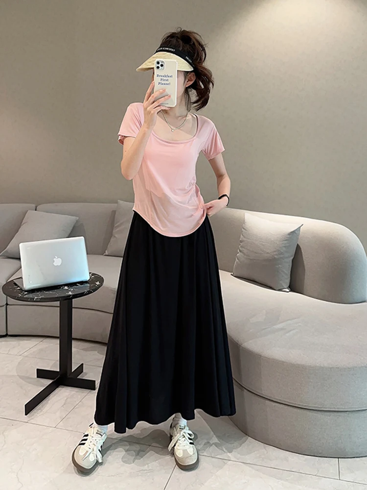 

Large Size Modal T-Shirt Midi Skirt Set Short Sleeve Generous Collar Top Outerwear Mid-Length Skirt Summer Outfit for Women