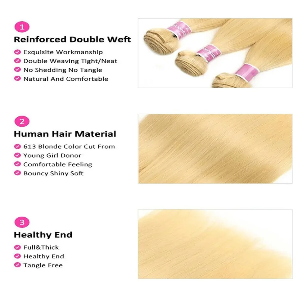 Paquetes de cabello humano lacio 613 Remy extensiones 1/3/4 piezas rubio teñido 613 lacio para mujeres 36 38 40 pulgadas 5