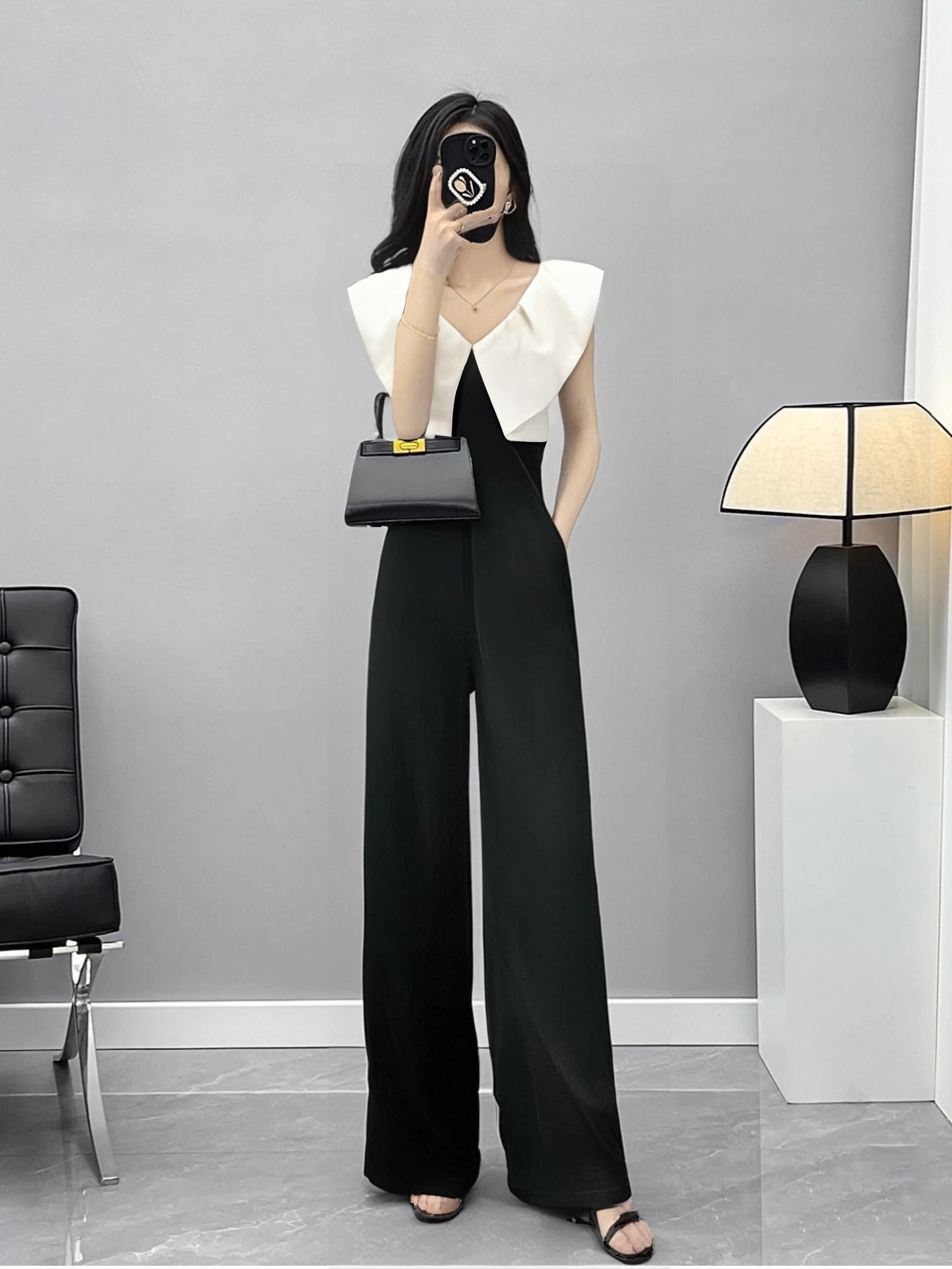 

Летний комплект из однотонной одежды с высокой талией и широкими штанинами, стройнящий, роскошный, универсальный, из двух предметов