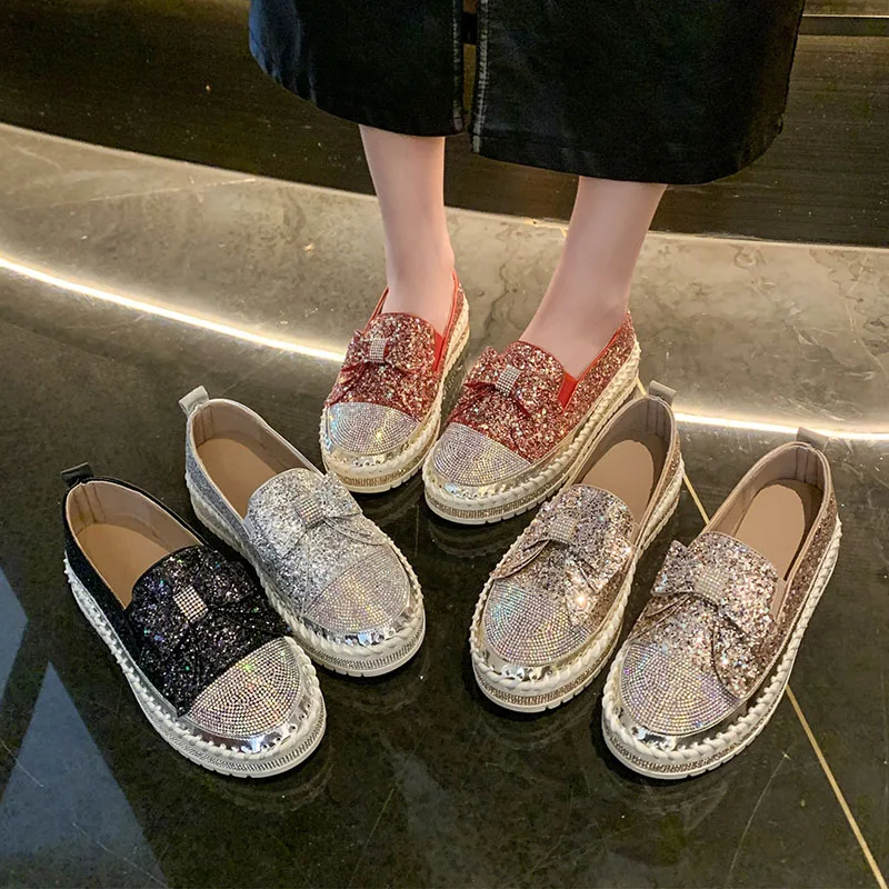 Women Sneakers Luxury Designer Flat Sequined Sneakers Women Casual Mesh Lace-up Fine Diamond Sequins Platform Shoes for Women