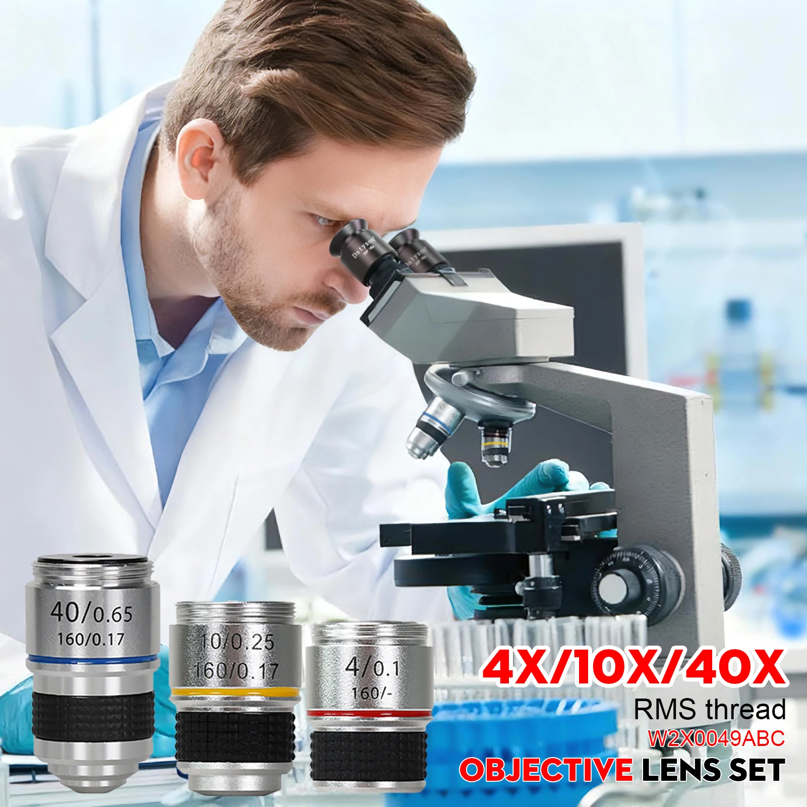 Datyson Microscope Objective Lens Set 4X, 10X, 40X Aluminum Alloy RMS Thread