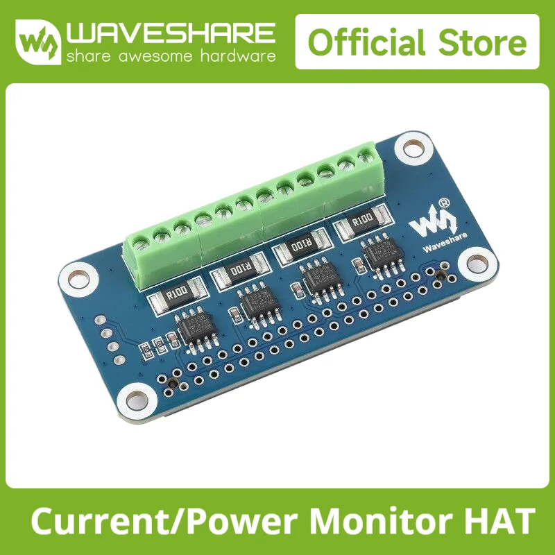Waveshare 4-ch Current/Voltage/Power Monitor HAT for Raspberry Pi, I2C/SMBus Interface