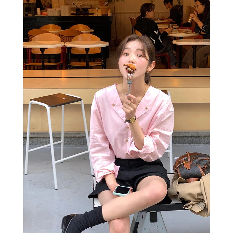 

Новинка: Женские розовые рубашки MEXZT в уличном стиле, модные блузки с V-образным вырезом и длинным рукавом, повседневные топы в корейском стиле на одной пуговице