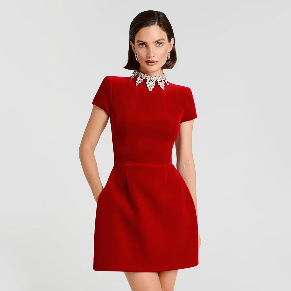 

Mini Cocktail Dress Velvet Crystal High Collar Short Sleeves Column Cocktail Gown for Christmas Pockets Short Formal Party Dress