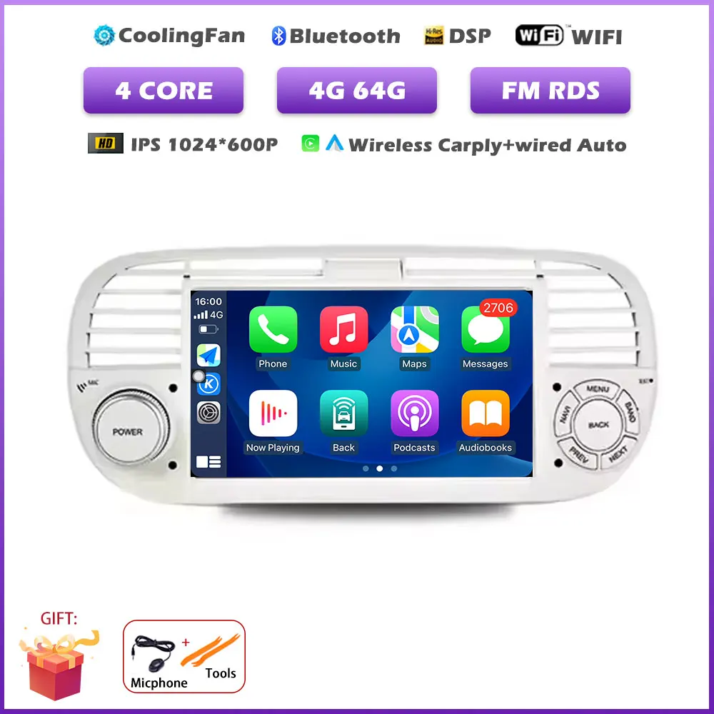 7 inch Android 16 Auto voor FIAT 500 2007-2015 GPS Navigatie Draadloze Carplay Auto Multimedia Videospeler Stereo Autoradio tools BT