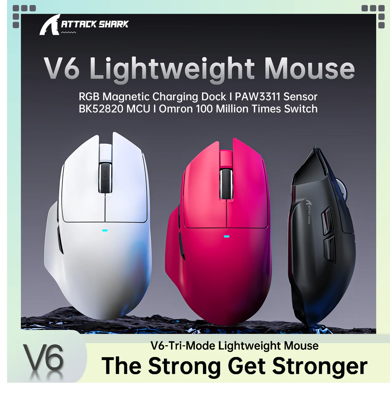 مستشعر ماوس الألعاب اللاسلكي V6 PAW3311، 25KDPI سلكي/لاسلكي 1 كيلو هرتز معدل إرجاع قابل للتعديل، شريحة تحكم رئيسية BK52820 مخصصة