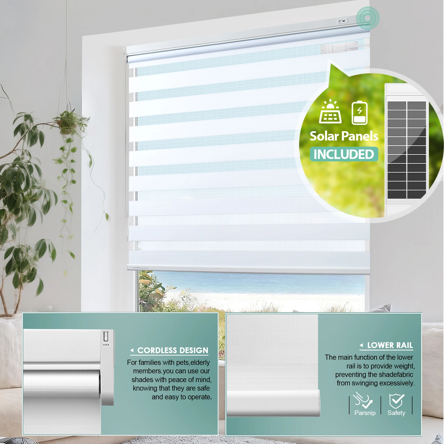 No-Drill Zebra Blinds with Remote Control, Solar-Powered Electric Roller Shades, Automatic Light-Filtering Windows